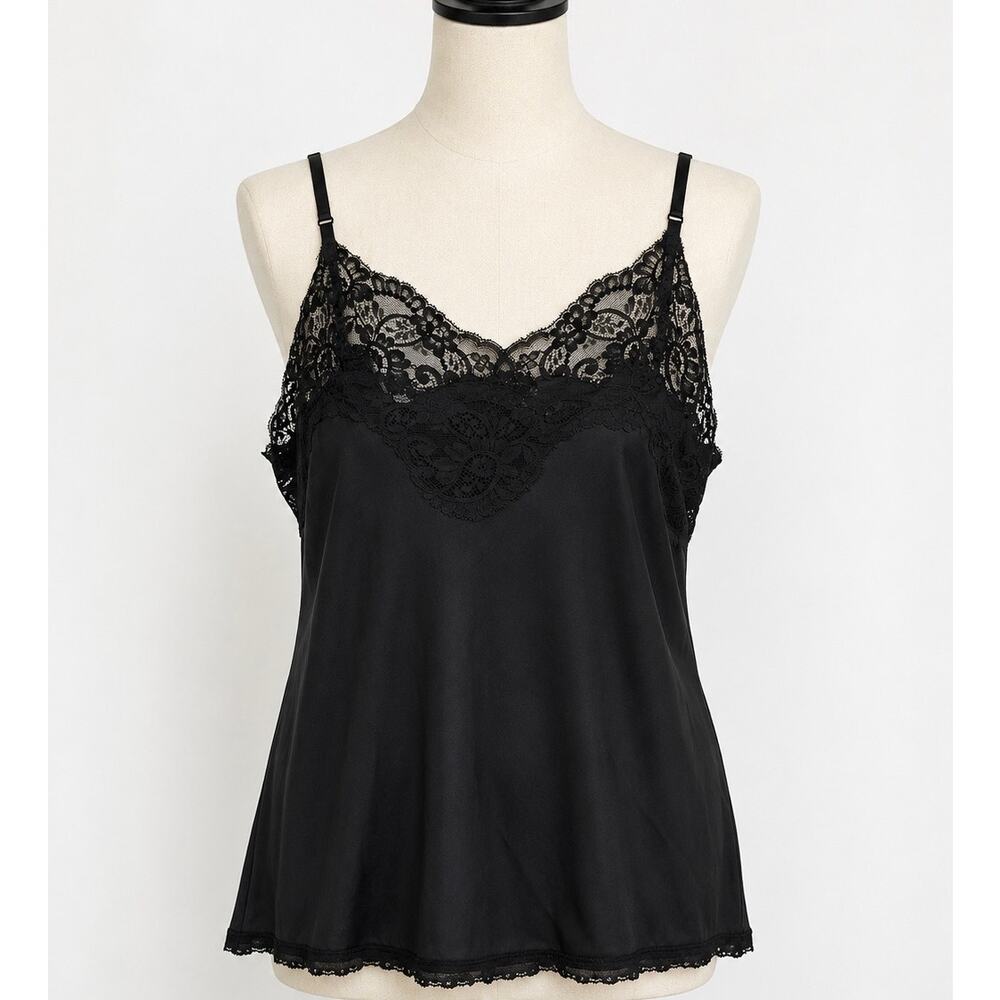 Vintage Victorian Lace by Toni Black Satin Camisole Lace Trim Lingerie Top - 36